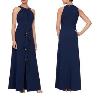 NWT SLNY Navy Jewel Neck Drape Sequin Sleeveless Dress, Navy